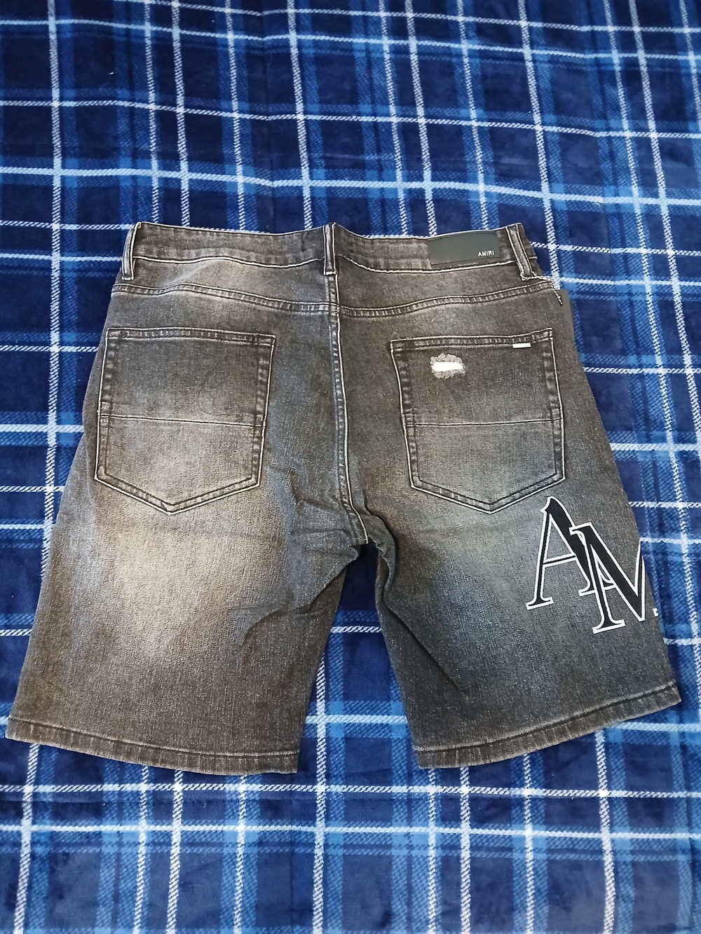 AMIRI Black Washed Distressed Denim Shorts with White Logo - Picture 3 of 3